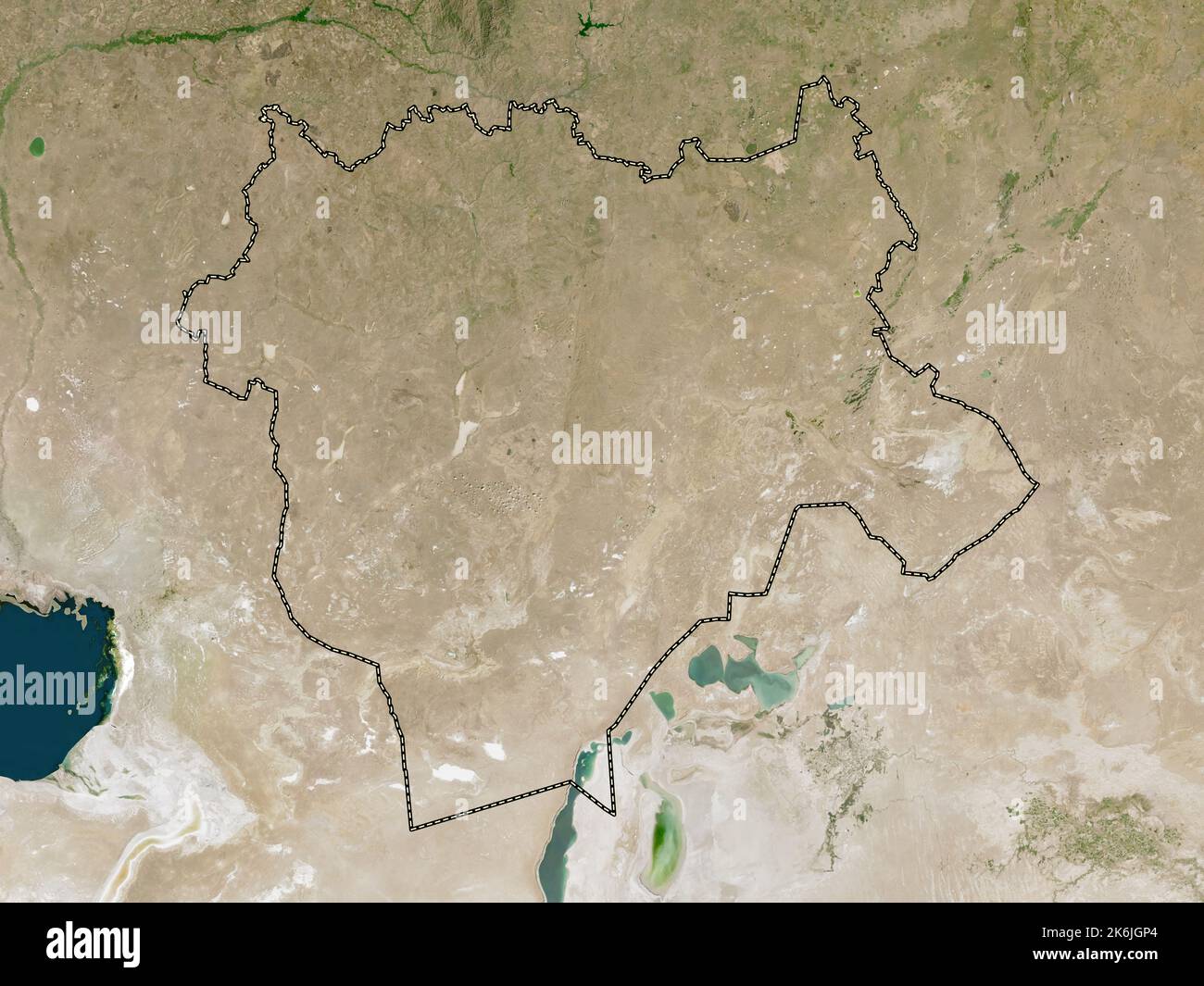 Aqtobe, Region von Kasachstan. Satellitenkarte mit niedriger Auflösung Stockfoto