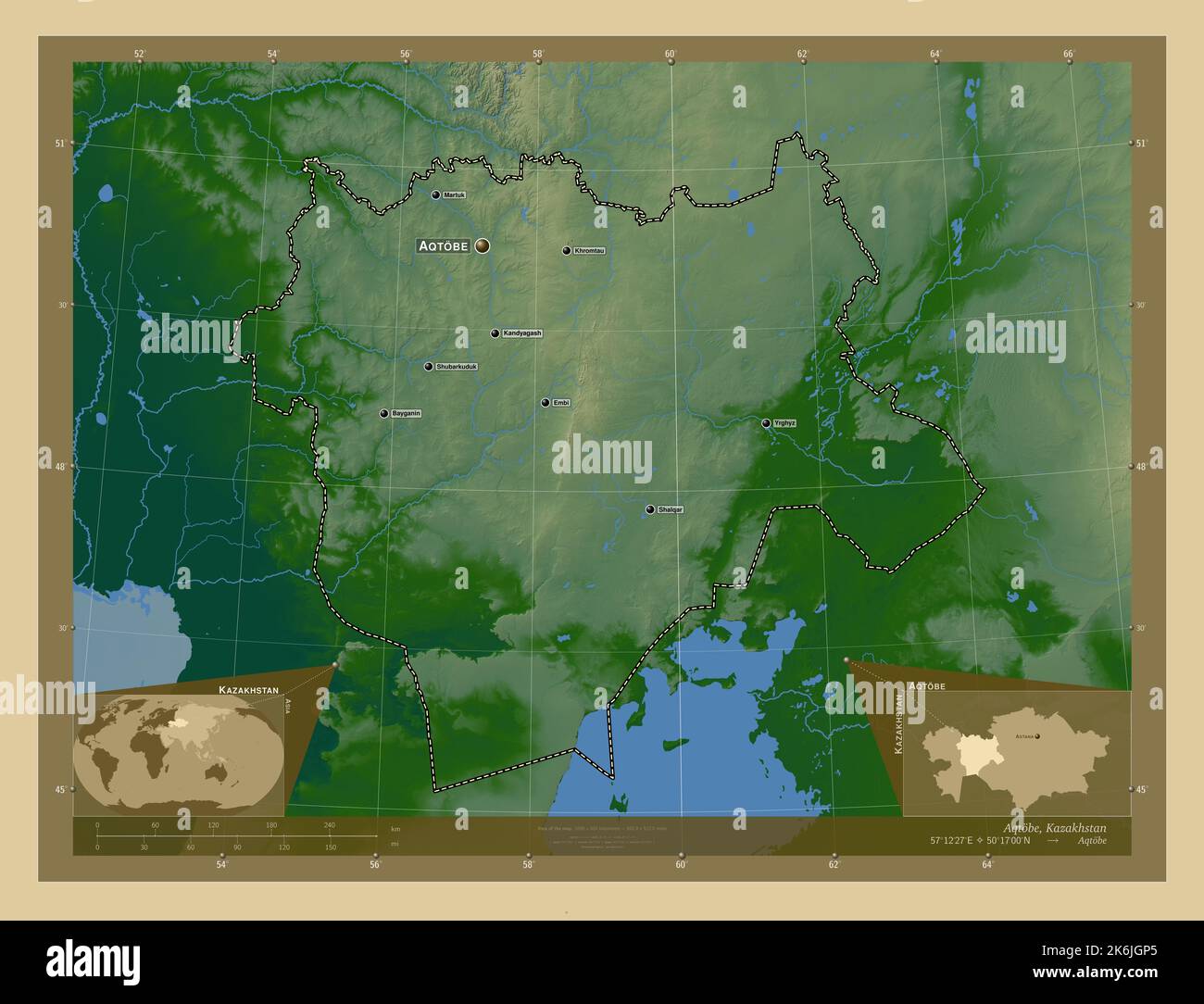 Aqtobe, Region von Kasachstan. Farbige Höhenkarte mit Seen und Flüssen