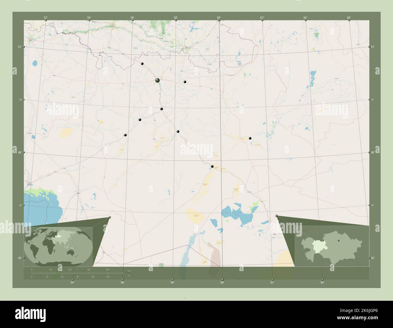 Aqtobe, Region von Kasachstan. Öffnen Sie Die Straßenkarte. Standorte der wichtigsten Städte der Region. Karten für zusätzliche Eckposition Stockfoto