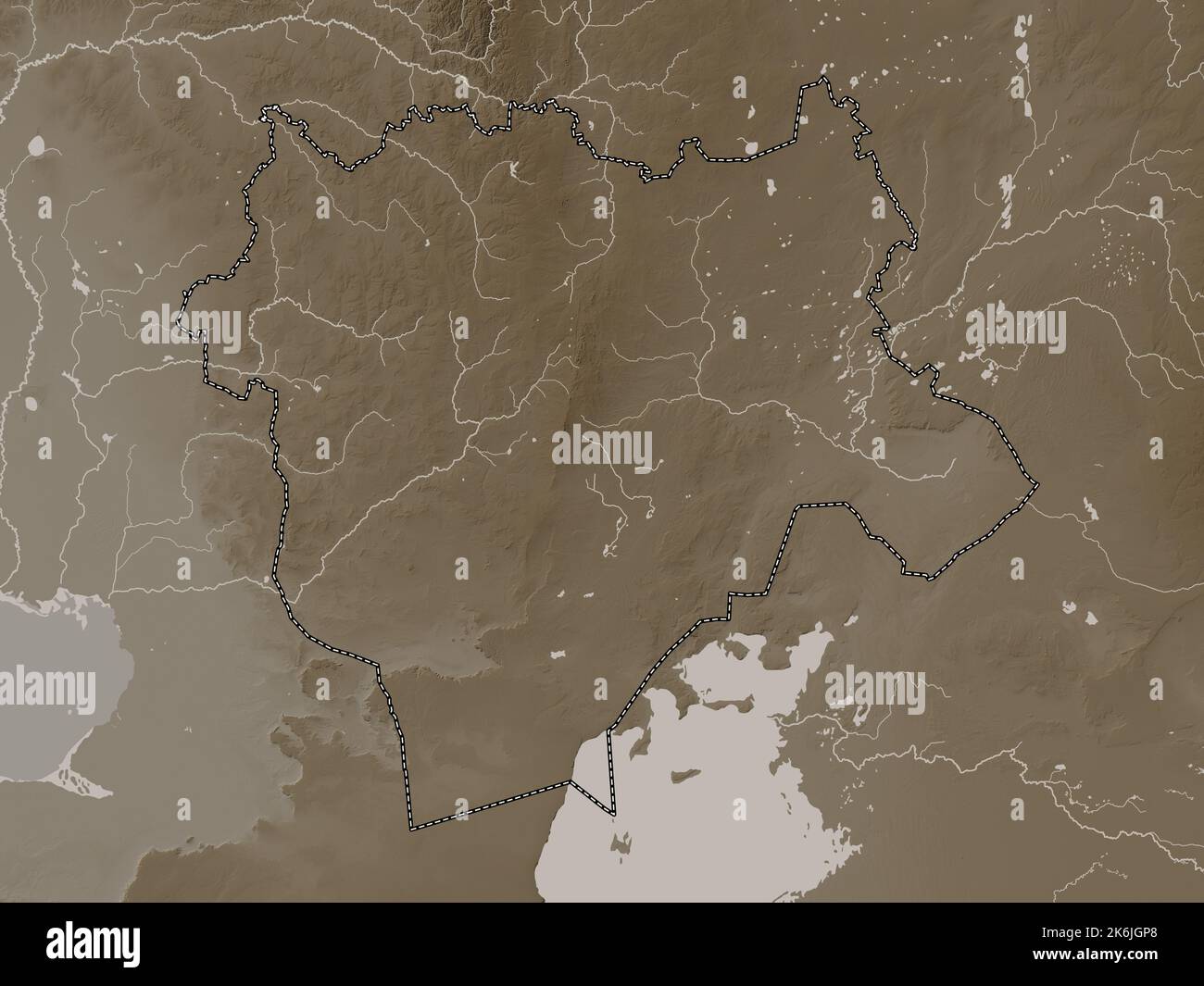 Aqtobe, Region von Kasachstan. Höhenkarte in Sepia-Tönen mit Seen und Flüssen Stockfoto