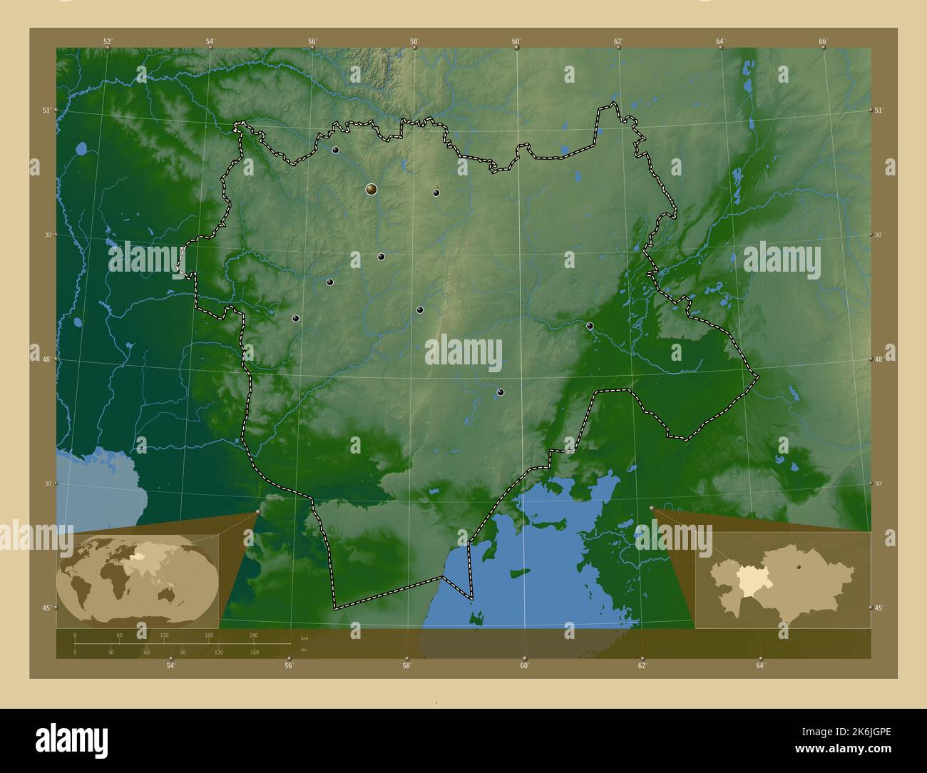 Aqtobe, Region von Kasachstan. Farbige Höhenkarte mit Seen und Flüssen. Standorte der wichtigsten Städte der Region. Karten für zusätzliche Eckposition Stockfoto