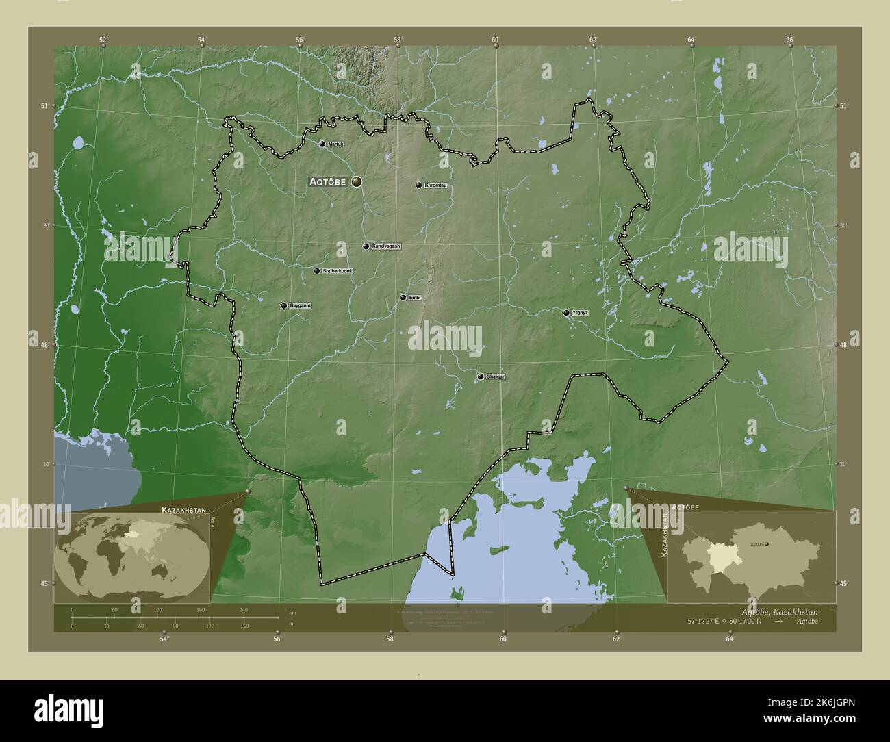 Aqtobe, Region von Kasachstan. Höhenkarte im Wiki-Stil mit Seen und Flüssen. Orte und Namen der wichtigsten Städte der Region. Ecke AUX Stockfoto