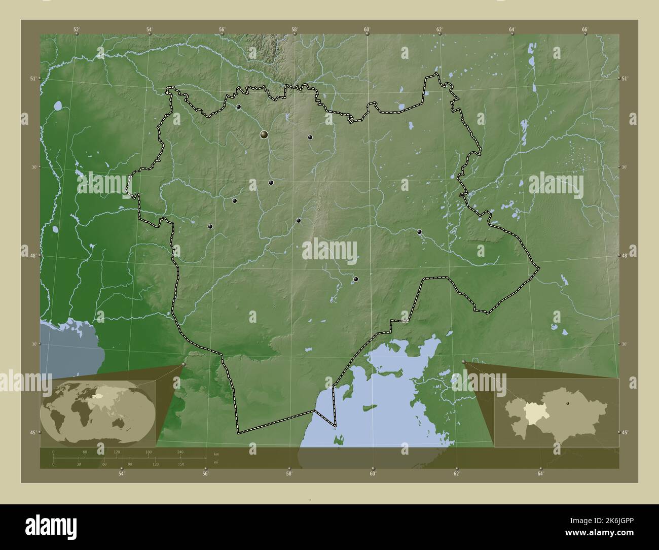 Aqtobe, Region von Kasachstan. Höhenkarte im Wiki-Stil mit Seen und Flüssen. Standorte der wichtigsten Städte der Region. Ecke Zusatzloc Stockfoto