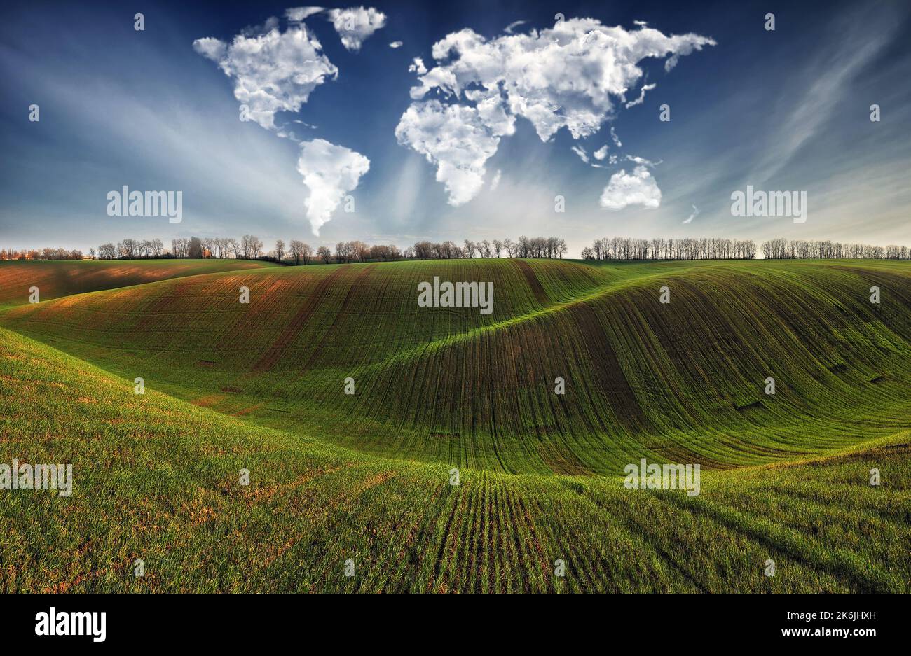 Wolken in Form einer Weltkarte über einem grünen Feld. Konzeptionelle Landschaft. Hügeliges Feld Stockfoto