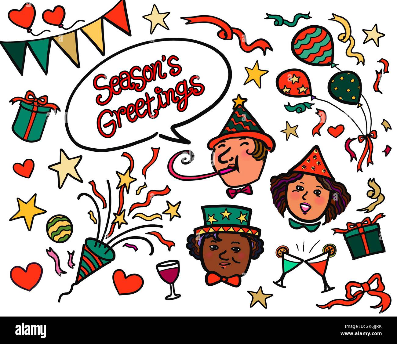 Illustration Zeichnung der multi-ethnischen Gruppe von jungen Menschen feiern Weihnachtsfeier. Festtagskonzept „Season's greetings“. Stockfoto