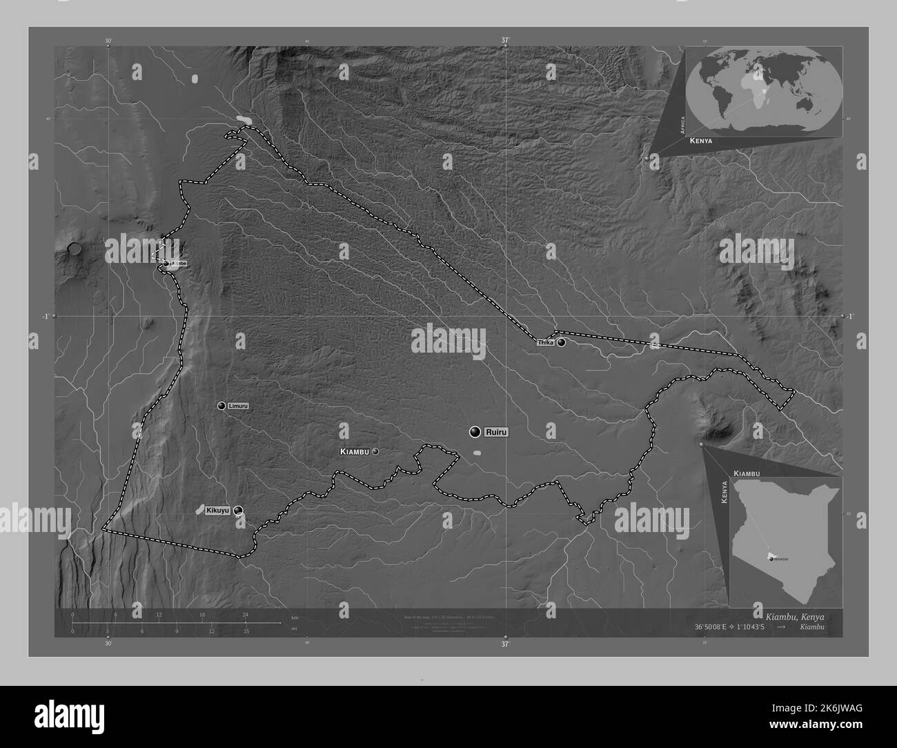 Kiambu, Grafschaft Kenia. Höhenkarte in Graustufen mit Seen und Flüssen. Orte und Namen der wichtigsten Städte der Region. Ecke Zusatzposition m Stockfoto