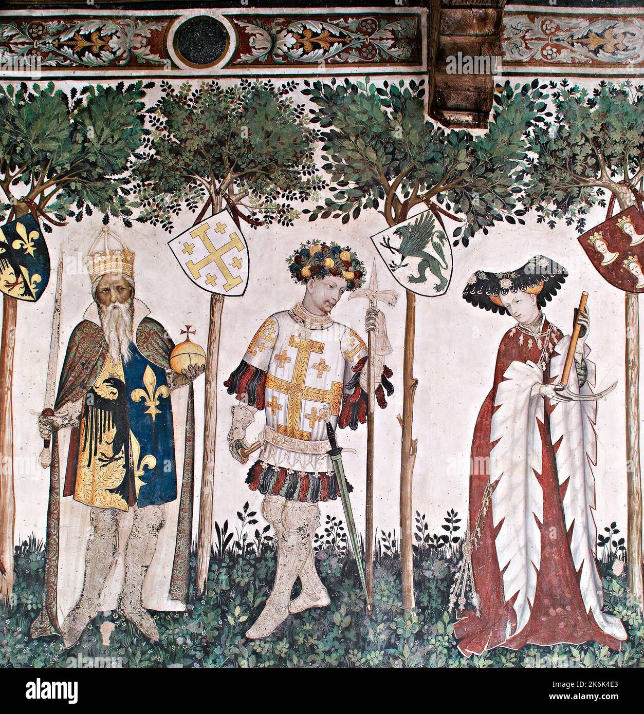 Manta Castle, Manta, Saluzzo, Piemont, Italien. Fresko (1420) im Baronial Hall. Karl der große, Gottfried von Bouillon, Deipile. Stockfoto