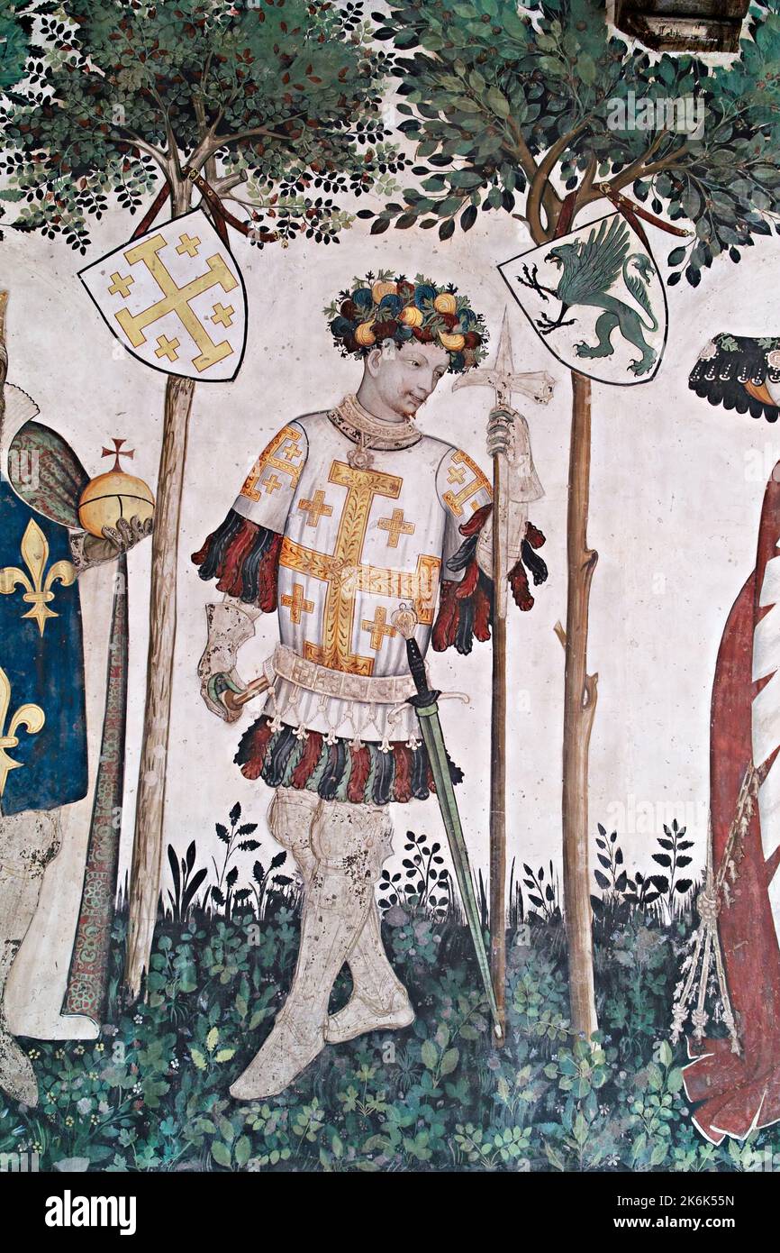 Burg Manta, Manta, Saluzzo, Piemont. Italien. Fresko (1420) im Baronial Hall. Gottfried von Bouillon. Stockfoto