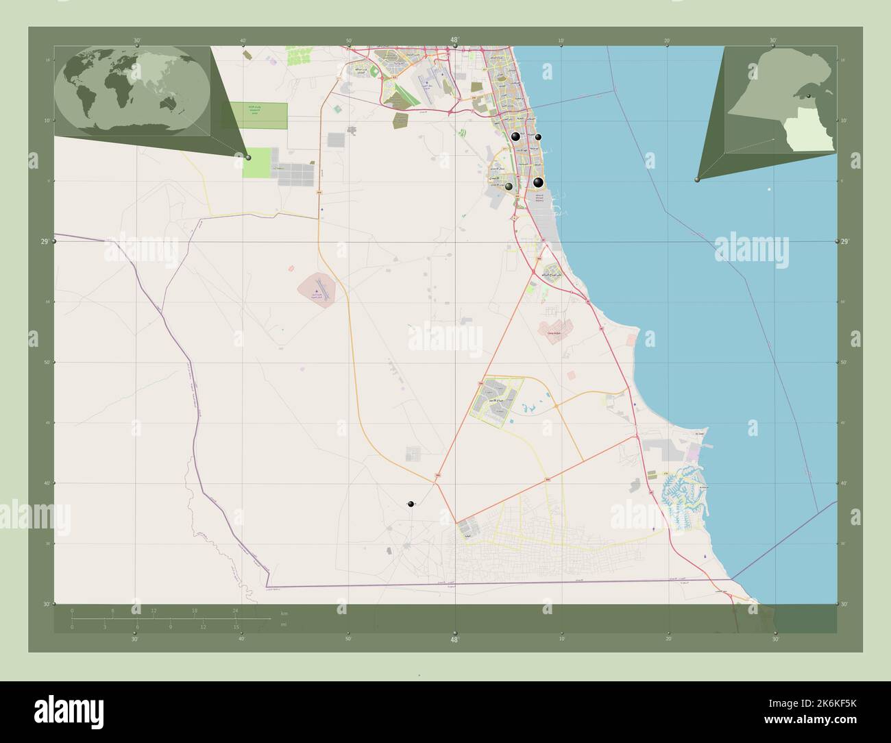 Al Ahmadi, Provinz Kuwait. Öffnen Sie Die Straßenkarte. Standorte der wichtigsten Städte der Region. Karten für zusätzliche Eckposition Stockfoto