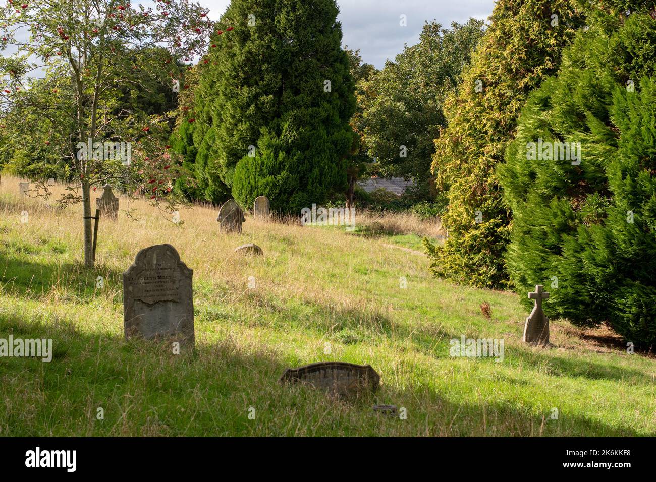 Radnor Street Friedhof malerischer alter Friedhof mit gefallenen Grabsteinen in Swindon, Großbritannien Stockfoto