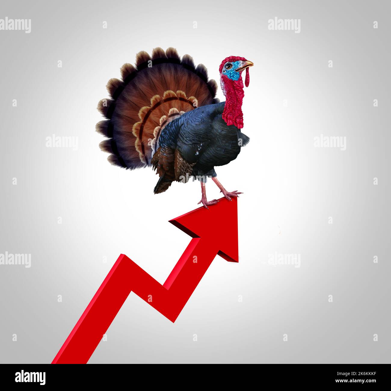 Thanksgiving-Inflation und steigende Lebensmittelkosten im Herbst oder steigende Lebensmittelpreise, die die Kosten für Supermarkt türkei und Lebensmittel als Konzept der Finanzkrise in die Höhe treiben. Stockfoto