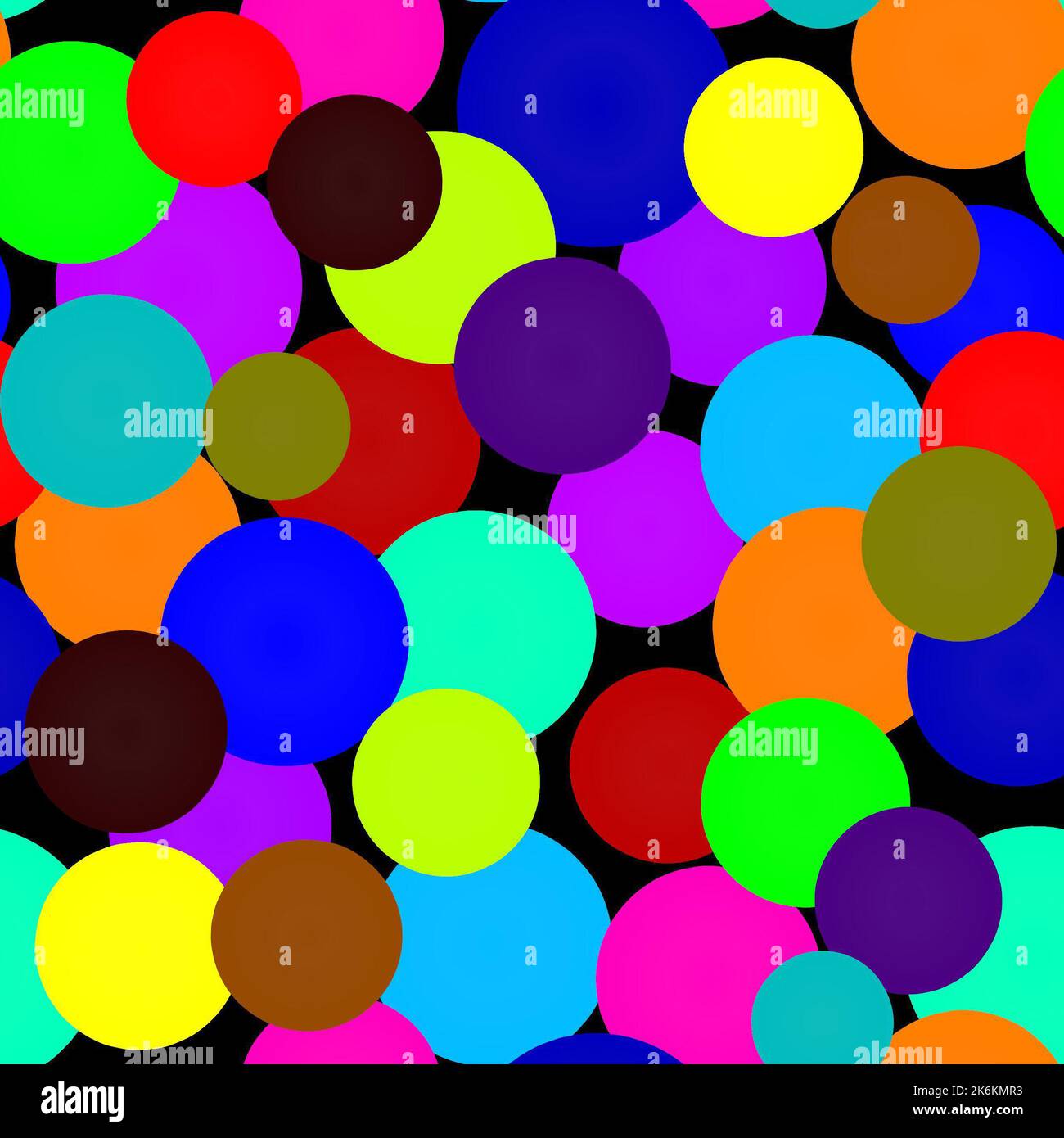 Abstraktes nahtloses Muster mit bunten Kugeln unterschiedlicher Größe auf orange.Illustration von überlappenden bunten Punkten Muster für Hintergrund abstrakten ornam Stockfoto
