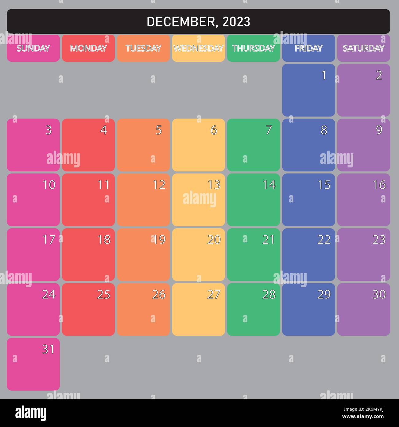 Dezember 2023 Planner Kalender große editierbare Raum Farbe Tag Designer geschnitten Stock Vektor