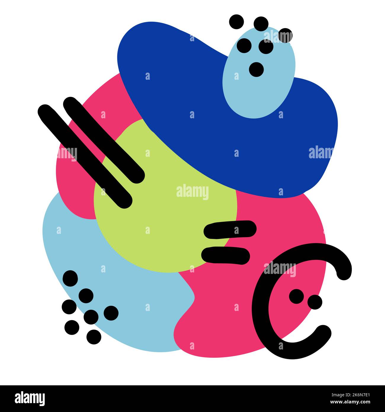 Handgezeichnete Illustration mit abstrakten modernen Formen. Helle lebendige geometrische Blobs Kreise mit schwarzen Punkten Linien Kurven, blau lila grün rosa Grafik-Design-Poster, Doodle Hintergrund für Social Media Stockfoto