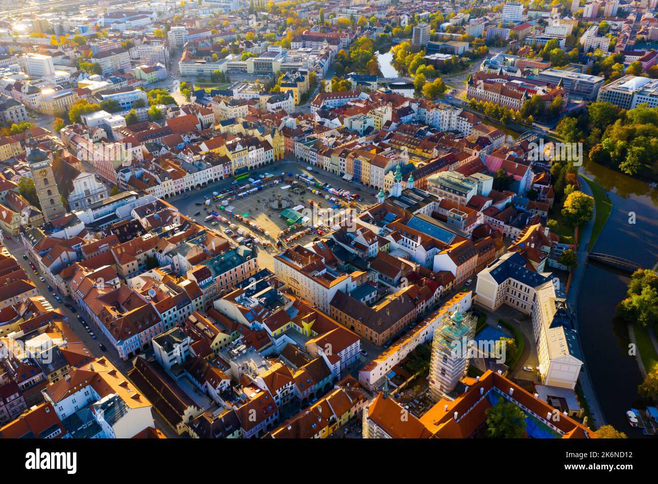 Flug über die Stadt Ceske Budejovice Stockfoto