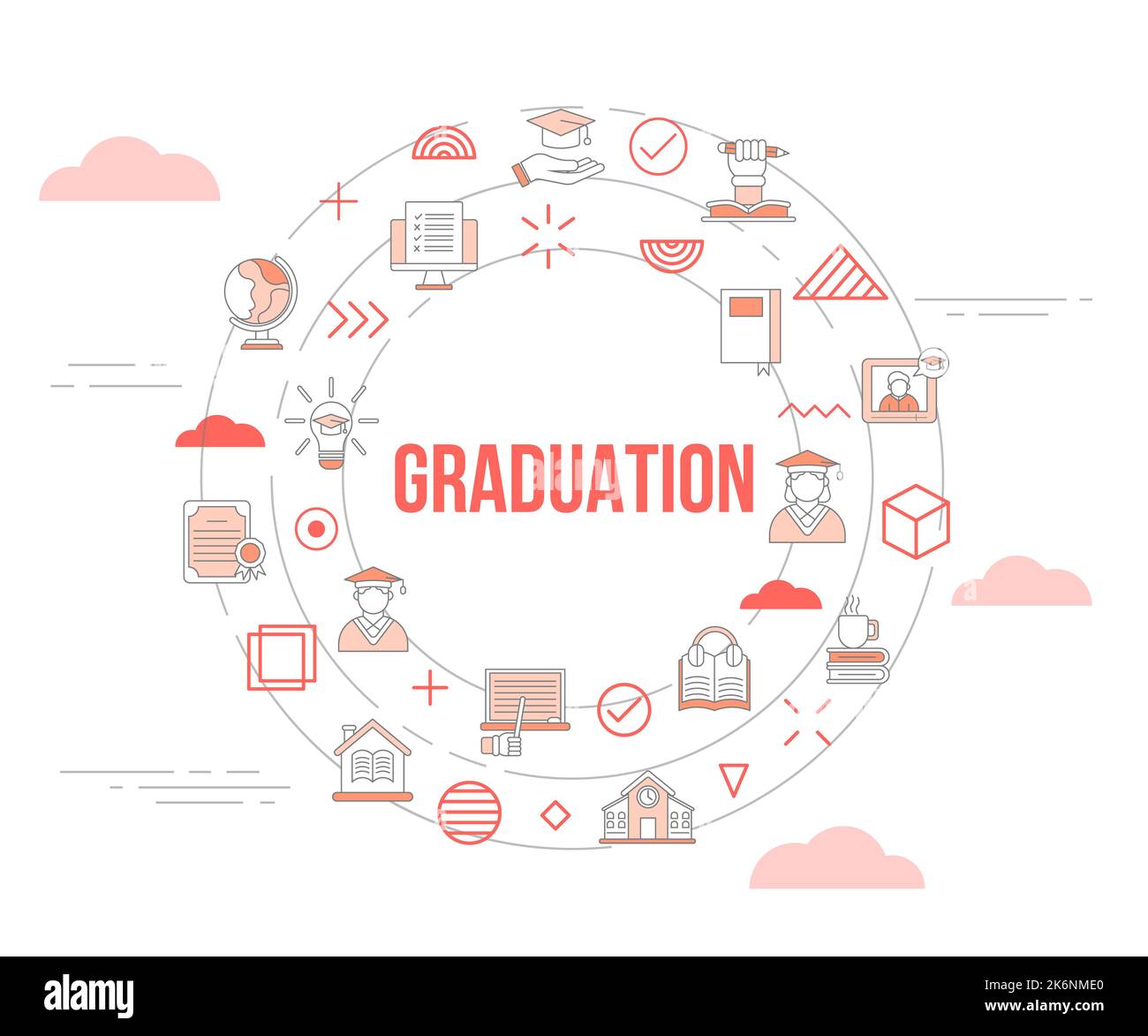 Graduierung Konzept mit Icon Set Vorlage Banner und Kreis runde Form Vektor-Illustration Stockfoto
