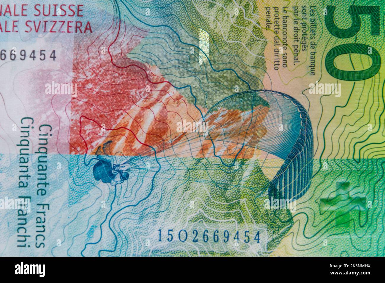 Makroaufnahme der 50-franken-Banknote Stockfoto