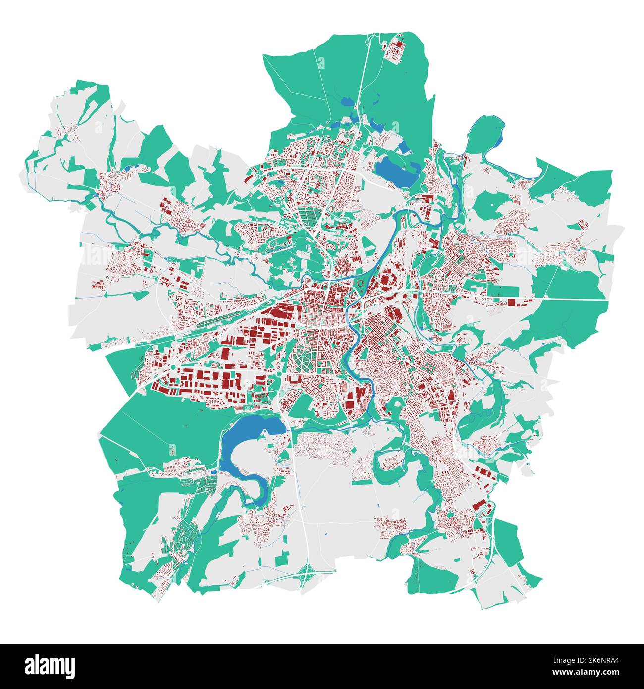 Plzen-Vektorkarte. Detaillierte Karte des Verwaltungsgebiets der Stadt Plzeň. Stadtbild-Panorama. Lizenzfreie Vektorgrafik. Übersichtskarte mit Gebäuden, wa Stock Vektor