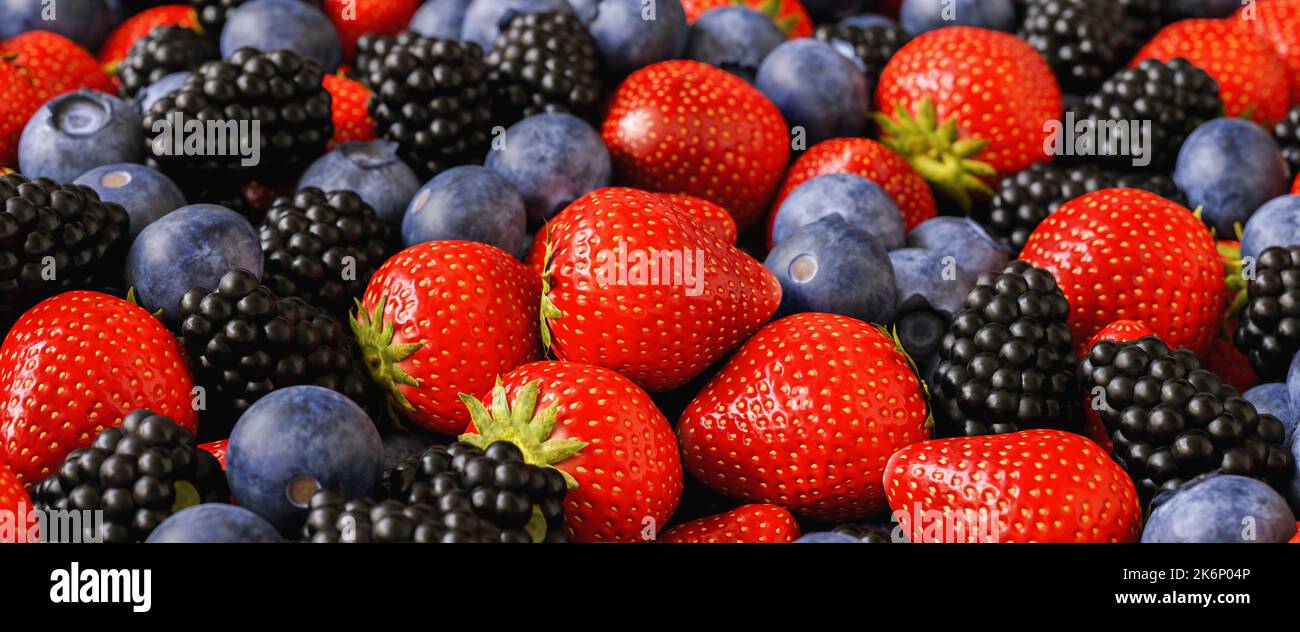 Hintergrund von frischen Früchten und Beeren. Reife Erdbeeren, Blaubeeren und Brombeeren . Beeren und Früchte mischen. Stockfoto