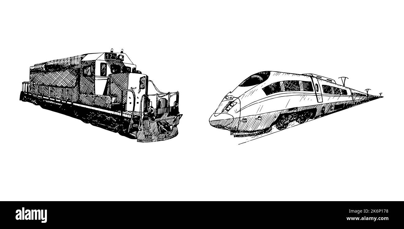 Diesel- und Hochgeschwindigkeitszug, handgezeichnete Doodle-Skizze, isolierte Umrissdarstellung Stockfoto