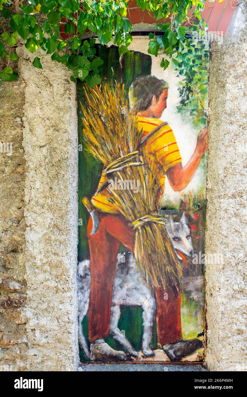 Ein Türgemälde, das Themen des täglichen Lebens der lokalen Bevölkerung zeigt, von der Künstlerin Imelda Bassanello, in der Nähe des Heiligtums von Savona. Ligurien, Italien. Stockfoto