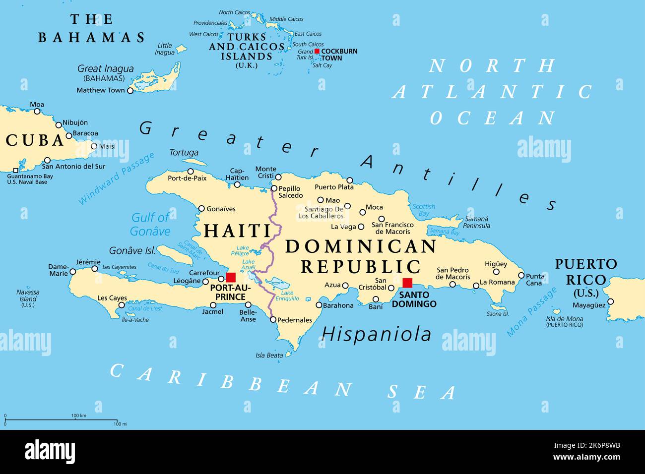 Hispaniola und Umgebung, politische Karte. Karibische Insel, aufgeteilt in Haiti und Dominikanische Republik, Teil der Großantillen. Stockfoto