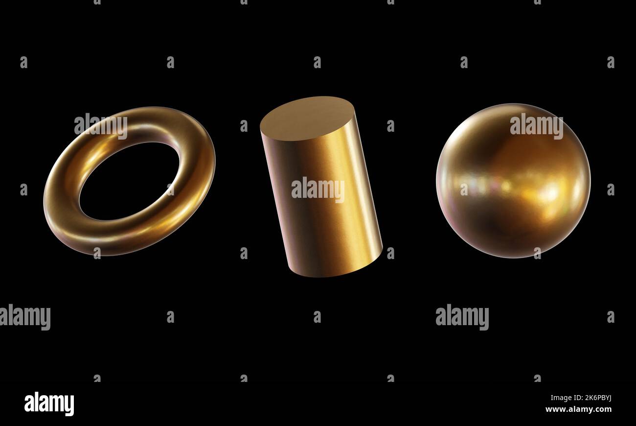 Dreidimensionale Goldkörper. Rendering von goldenen und reflektierenden metallischen Objekten mit realistischen Reflexionen auf schwarzem Hintergrund. Kugel, Torus Stockfoto