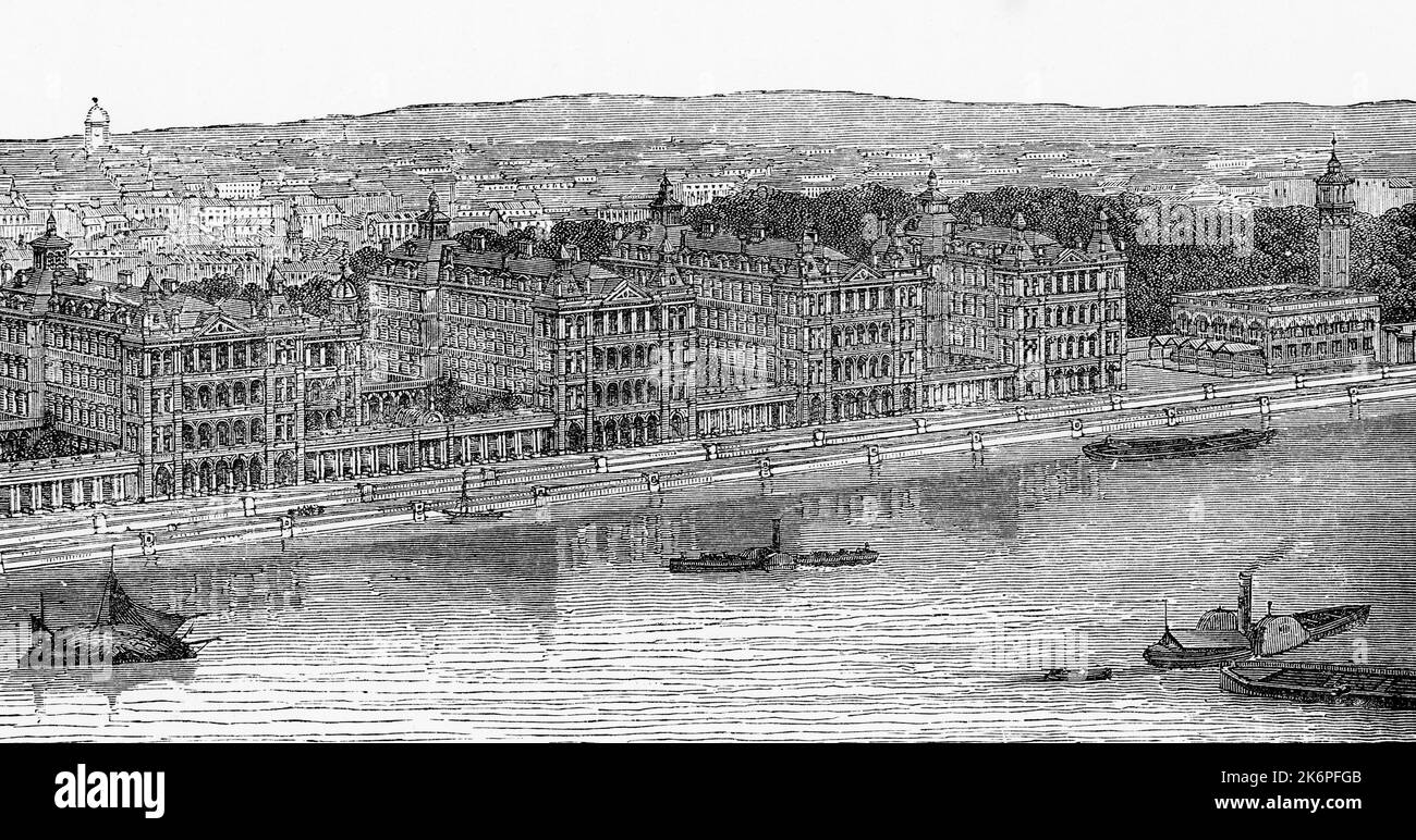 St. Thomas' Hospital, c1868. Das heutige St. Thomas' Hospital wurde von Henry Currey (1820-1900) entworfen. Das Hotel liegt an einem Ort, der historisch als Stangate im Londoner Stadtteil Lambeth bekannt ist, direkt gegenüber der Themse vom Palace of Westminster. Der Grundstein wurde 1868 von Königin Victoria gelegt. Stockfoto