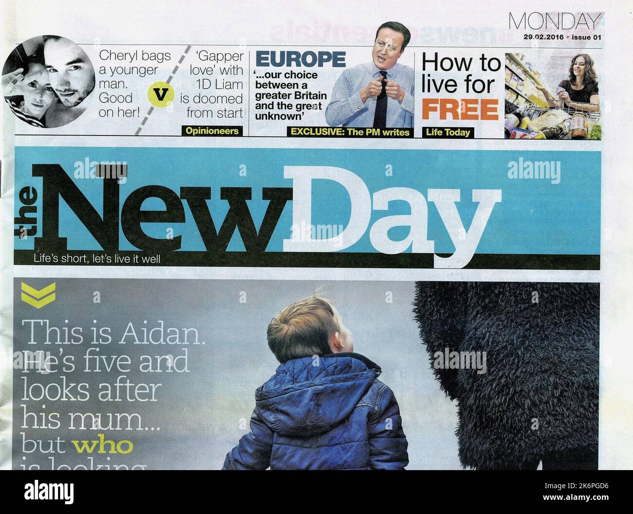 Launch-Ausgabe der britischen nationalen Tageszeitung The New Day, die erstmals am 29. Februar 2016 veröffentlicht wurde. Aufgrund schlechter Verkäufe wurde die Veröffentlichung der Zeitung im Mai 2016 eingestellt. Stockfoto