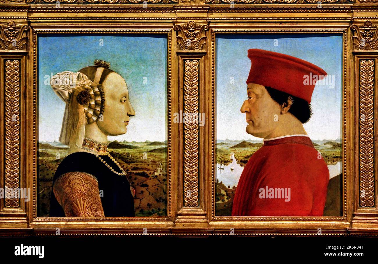 Herzog und Herzogin von Urbino, Federico da Montefeltro und Battista Sforza, 1467-72, Tempera auf Tafel, 47 x 33 cm Uffizien, Florenz, Piero della Francesco 1416/17 – 1492, Florenz, Italien. ( In der Tradition des vierzehnten Jahrhunderts, inspiriert von der Gestaltung der antiken Münzen, die beiden Figuren sind im Profil gezeigt, ) Piero della Francesco, durchgeführt dieses, Meisterwerk zwischen ,1465 und 1472. Stockfoto