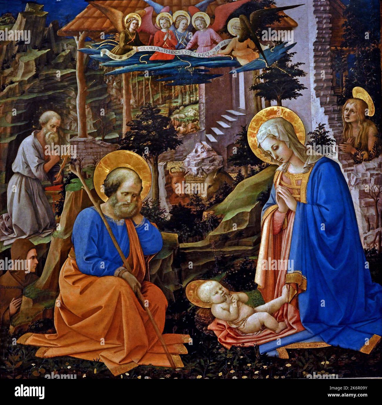 Anbetung des Christkindes mit dem heiligen Josef, dem heiligen Hieronymus, dem heiligen Hilarion, der heiligen Maria Magdalena und den Engeln, Filippo Lippi, um 1455, Florenz, Italien. Stockfoto