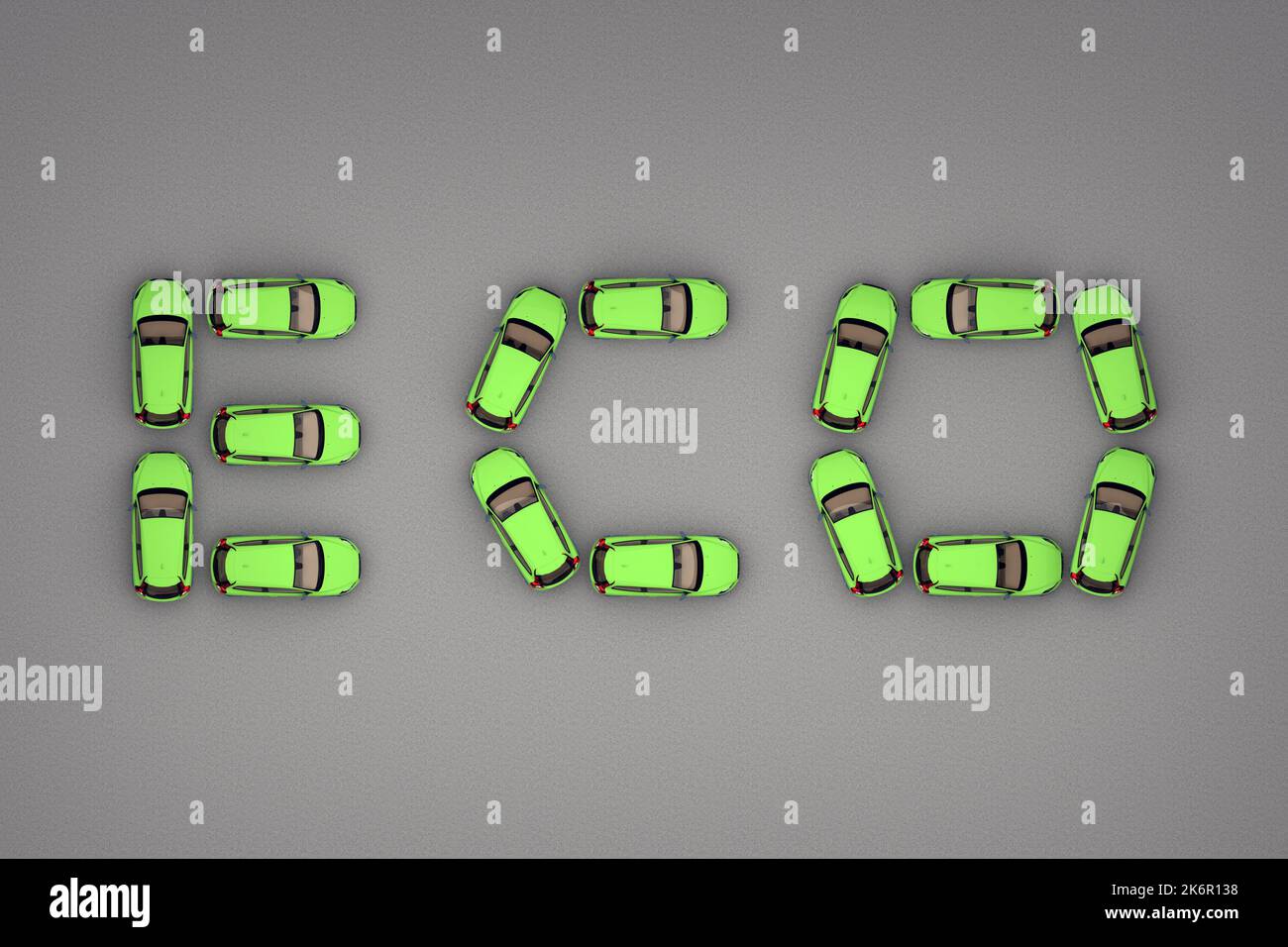 Word eco besteht aus grünen Autos Draufsicht. 3D Rendern Stockfoto