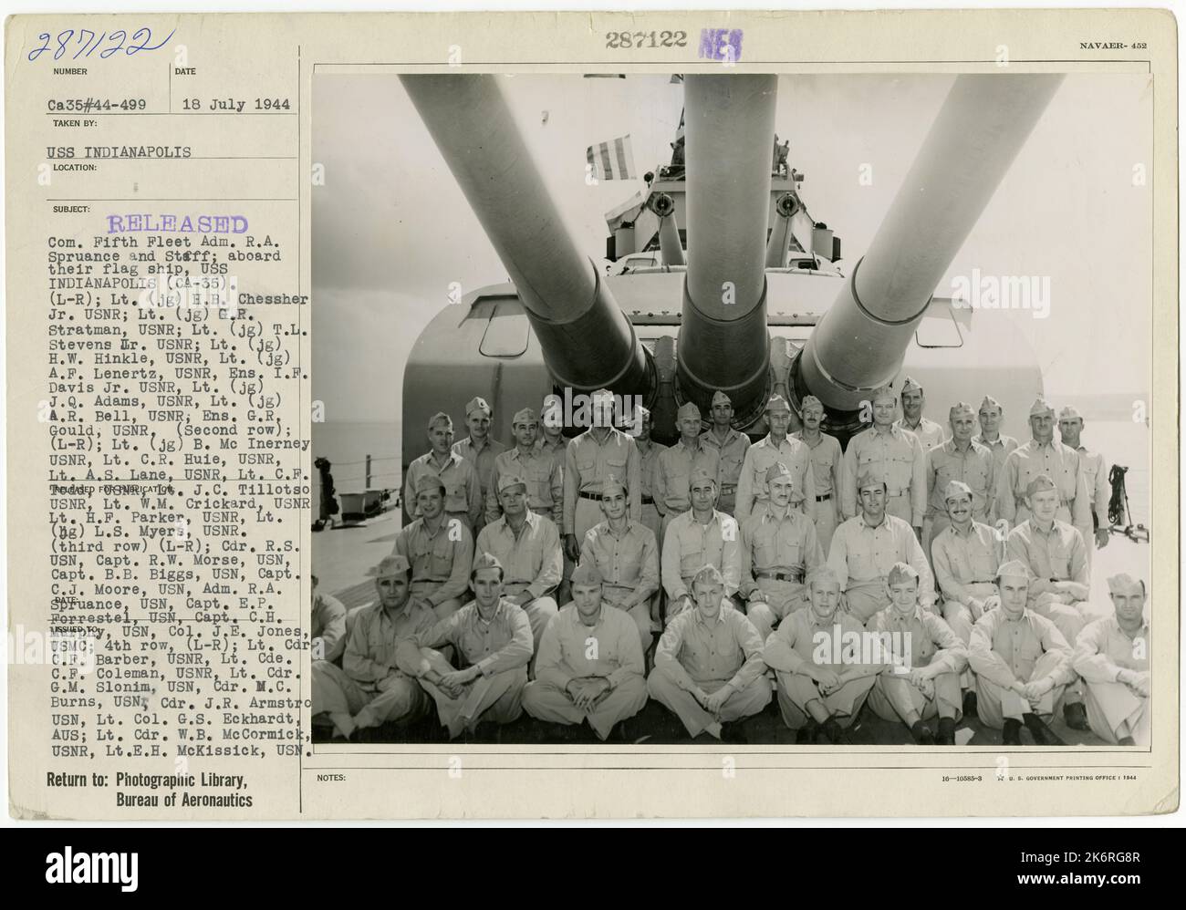 Gruppenfoto aufgenommen auf der USS Indianapolis (CA-35), die den Fifith-Flottenadminiral Raymond A. Spruance und Mitarbeiter an Bord ihres Flaggschiffs befehligen. Stockfoto
