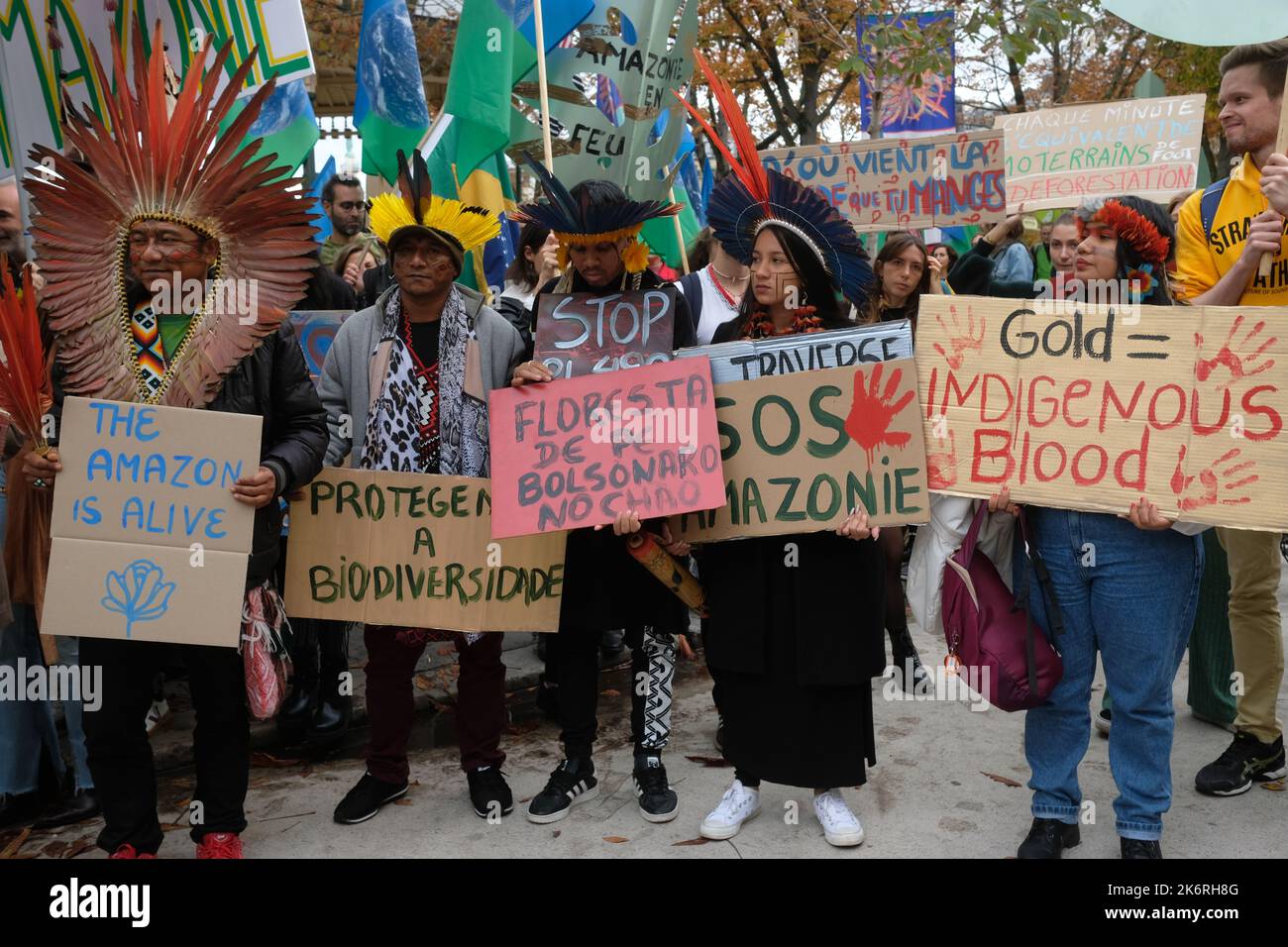 Une marche pour l'amazonie avec 6 représentants indigènes d'Amazonie et de la forêt Atlantique contre la déforestation et l'orpaillage illégal Stockfoto