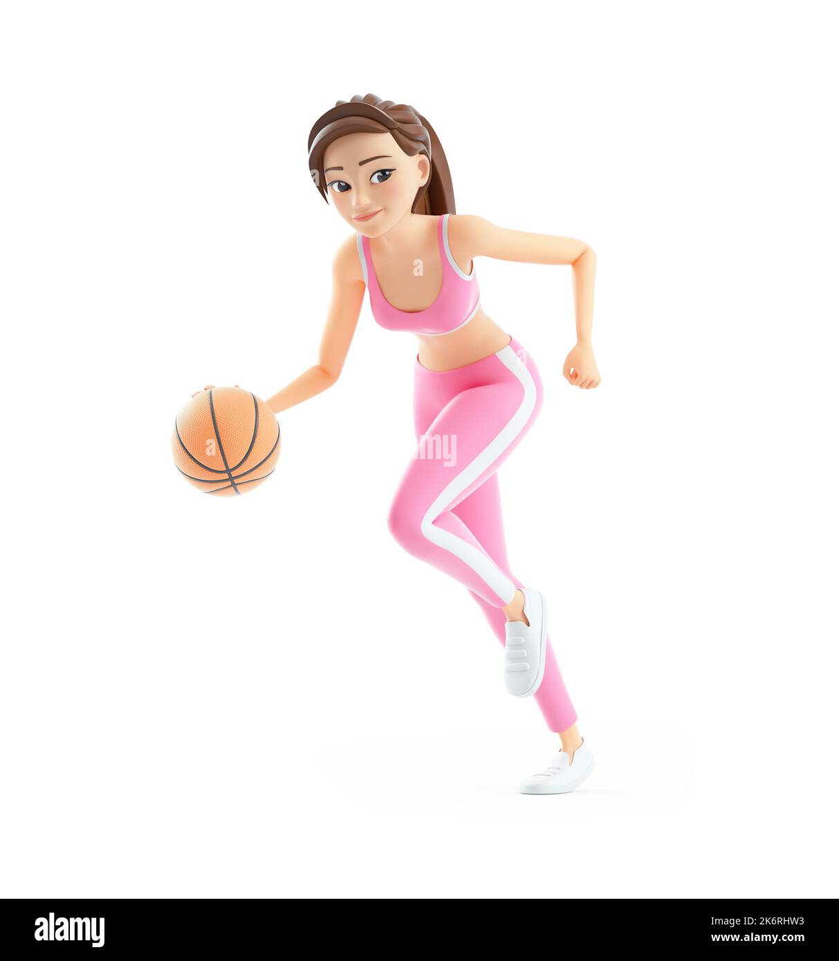 3D sportliche Frau mit Basketball, Illustration isoliert auf weißem Hintergrund Stockfoto