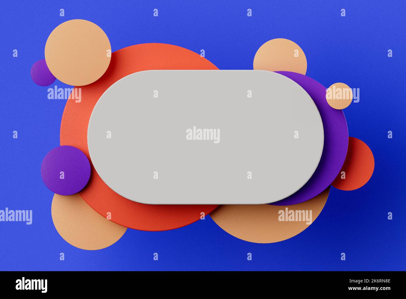 Weißes leeres Tablett und strukturierte farbige Kreise Formen 3D Render. Stockfoto