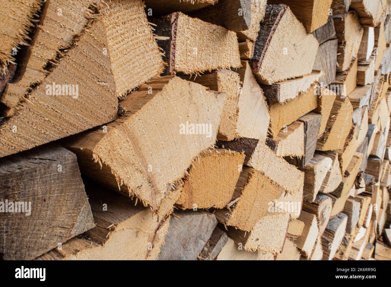 Filzfüllende Nahaufnahme von Holzstämmen Stockfoto