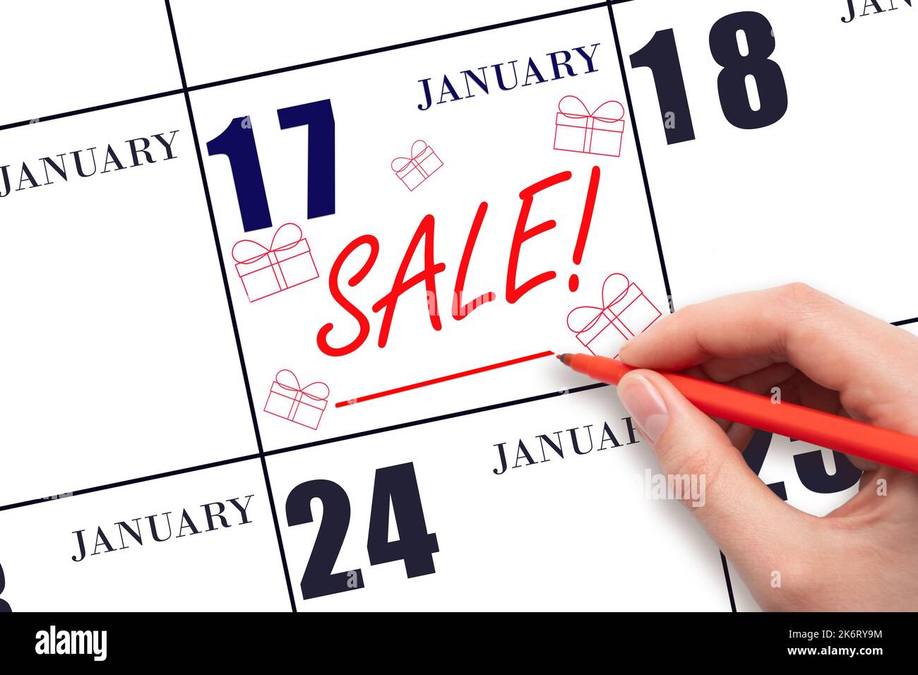 17. Tage im Januar. Handgeschriebene TEXTVERKÄUFE und Zeichengeschenke am Kalenderdatum Januar 17. Erinnerung Zum Einkauf. Online-Shopping. Winter Monat, Tag Stockfoto