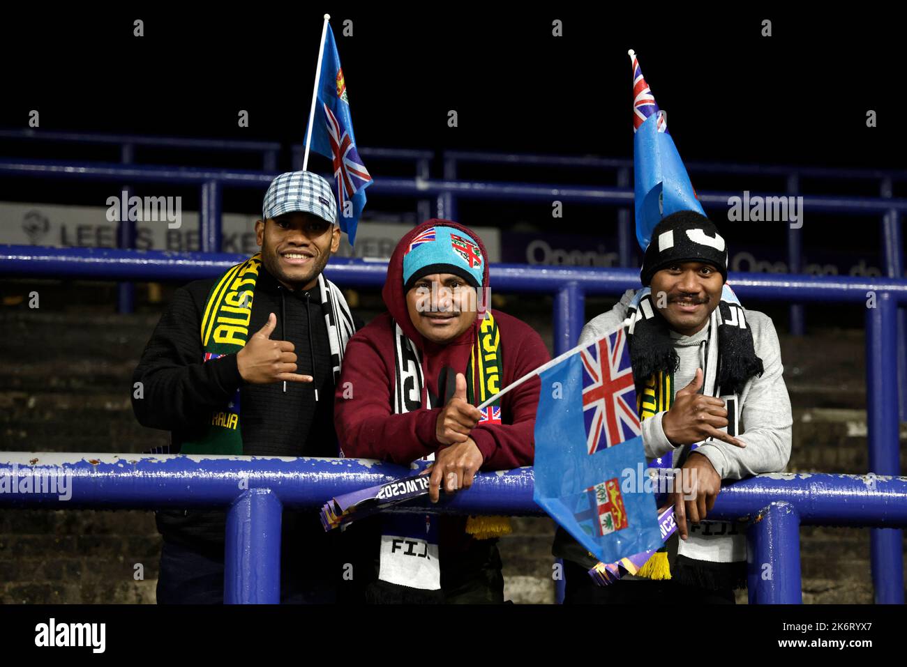 Fidschi-Fans in den Tribünen vor dem Rugby-League-Weltcup-Spiel der Gruppe B im Headingley Stadium, Leeds. Bilddatum: Samstag, 15. Oktober 2022. Stockfoto