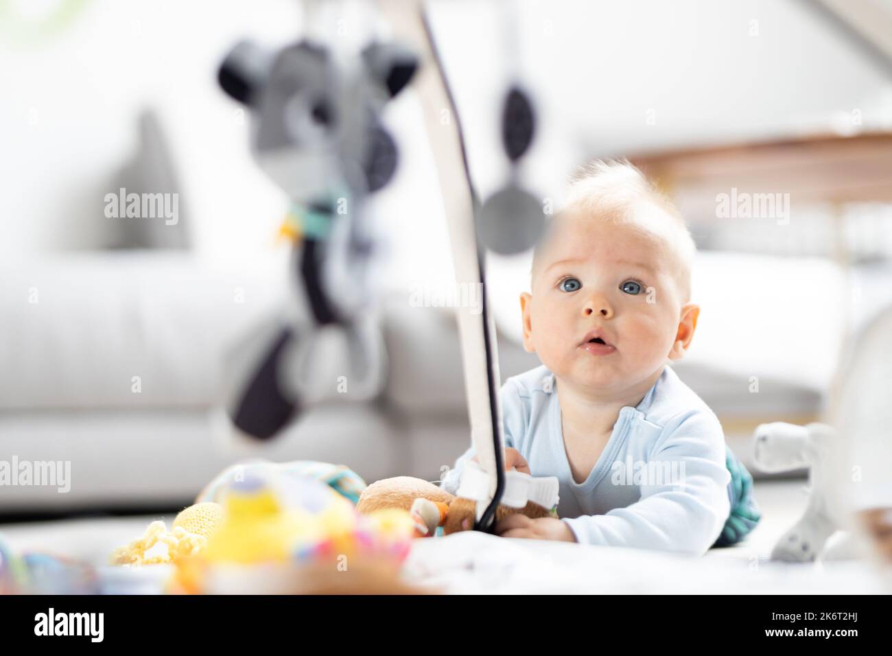 Niedlicher Baby Junge spielt mit hängendem Spielzeug Bogen auf Matte zu Hause Baby-Aktivität und Spielzentrum für die frühe Säuglingsentwicklung. Baby spielt zu Hause Stockfoto