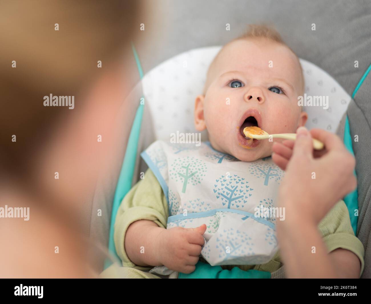 Mutter Löffel Fütterung ihres kleinen Jungen Kleinkind in Babystuhl mit Fruchtpüree. Baby feste Nahrung Einführung Konzept. Stockfoto