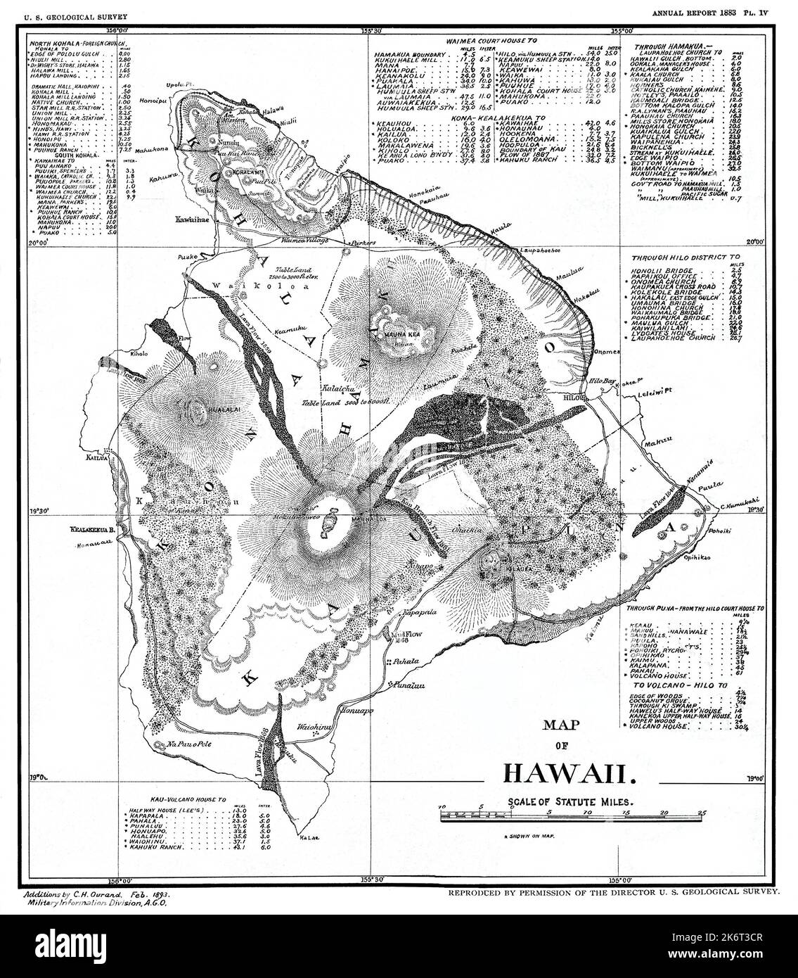 Restaurierte Reproduktion der Karte der Insel Hawaii für 1893 U. S. Geological Survey. Zeigt Lavaflüsse zwischen 1803 und 1882. Enthält mehrere Abstandstabellen. Stockfoto