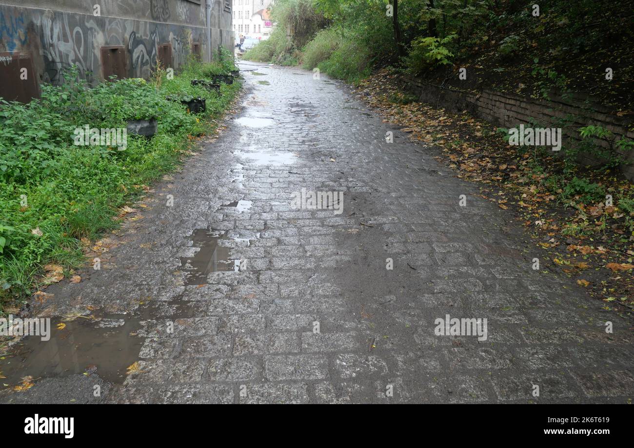 Eine alte nasse, schmutzige gepflasterte Straße. Große schlammige Pfützen auf der Straße aufgrund des regnerischen Herbstwetters. Stockfoto