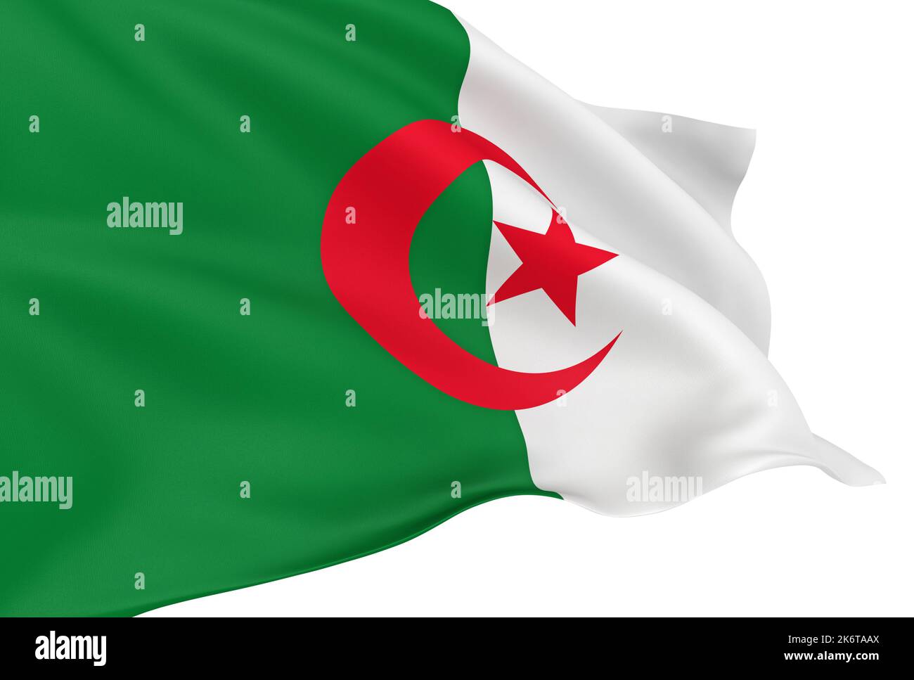 Winkende algerische Flagge auf weißem Hintergrund isoliert Stockfoto