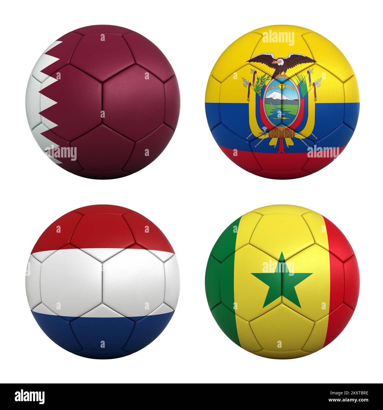 Fußballbälle mit den Flaggen der Teams in der Gruppe A der FIFA Fußball-Weltmeisterschaft 2022 - Katar, Ecuador, Nietherland und Senegal Stockfoto