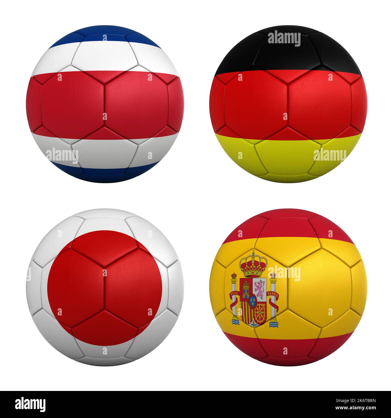 Fußballbälle mit den Flaggen der Teams der Gruppe E der FIFA Fußball-Weltmeisterschaft 2022 - Costa Rica, Deutschland, Japan und Spanien Stockfoto