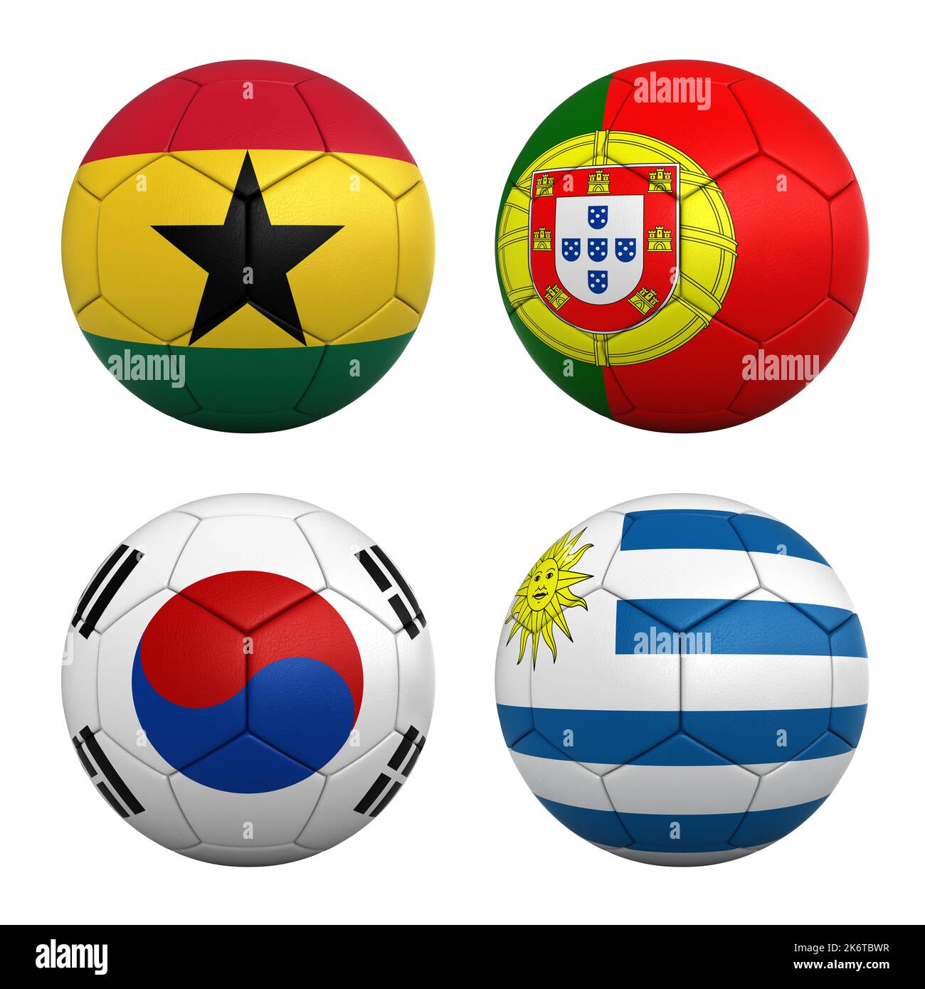Fußballbälle mit den Flaggen der Teams der Gruppe H der FIFA Fußball-Weltmeisterschaft 2022 - Ghana, Portugal, Südkorea und Uruguay Stockfoto