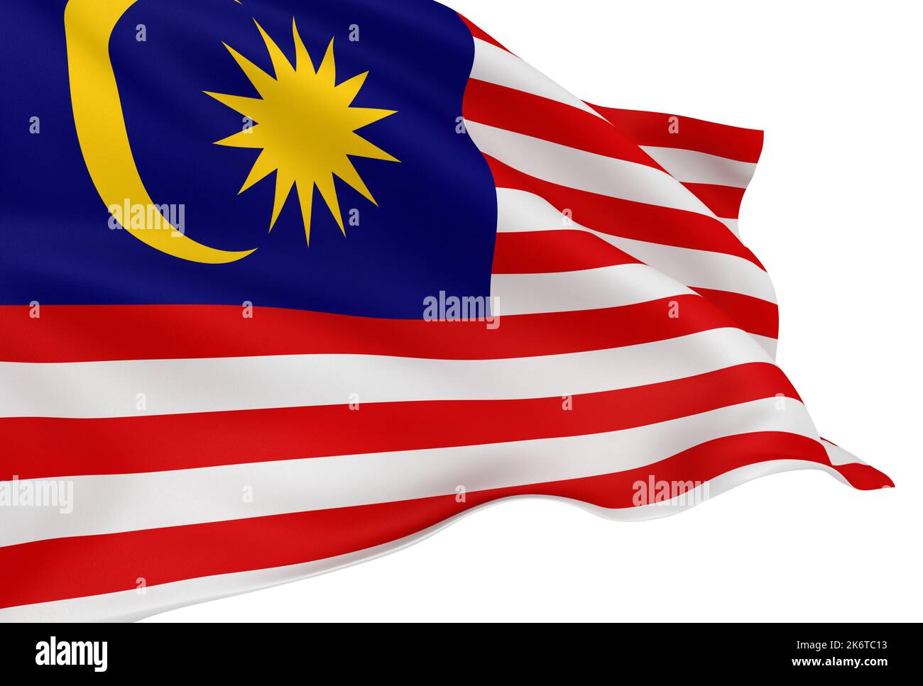 Winkende malaysische Flagge auf weißem Hintergrund isoliert Stockfoto