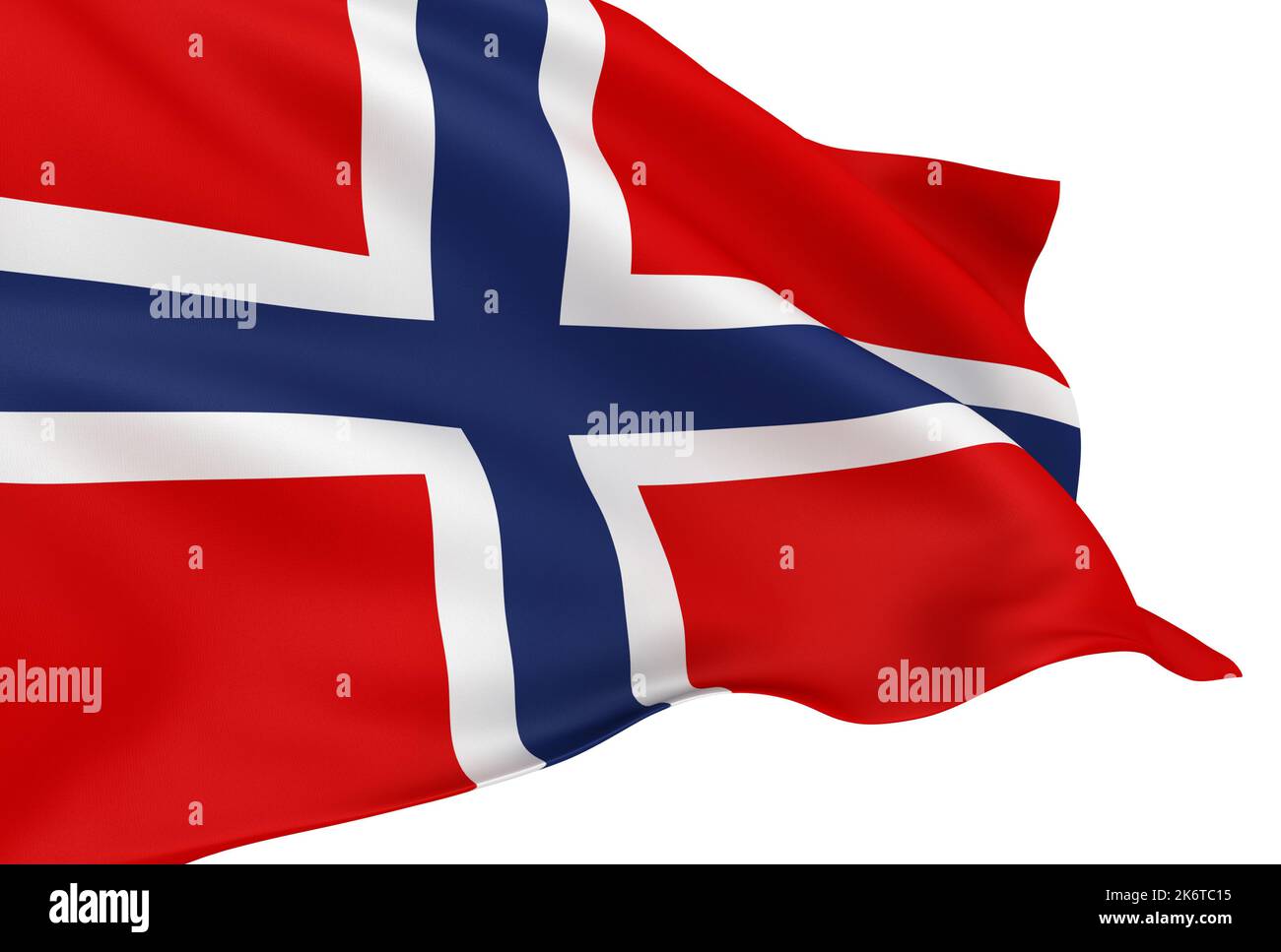 Wehende norwegische Flagge isoliert auf weißem Hintergrund Stockfoto