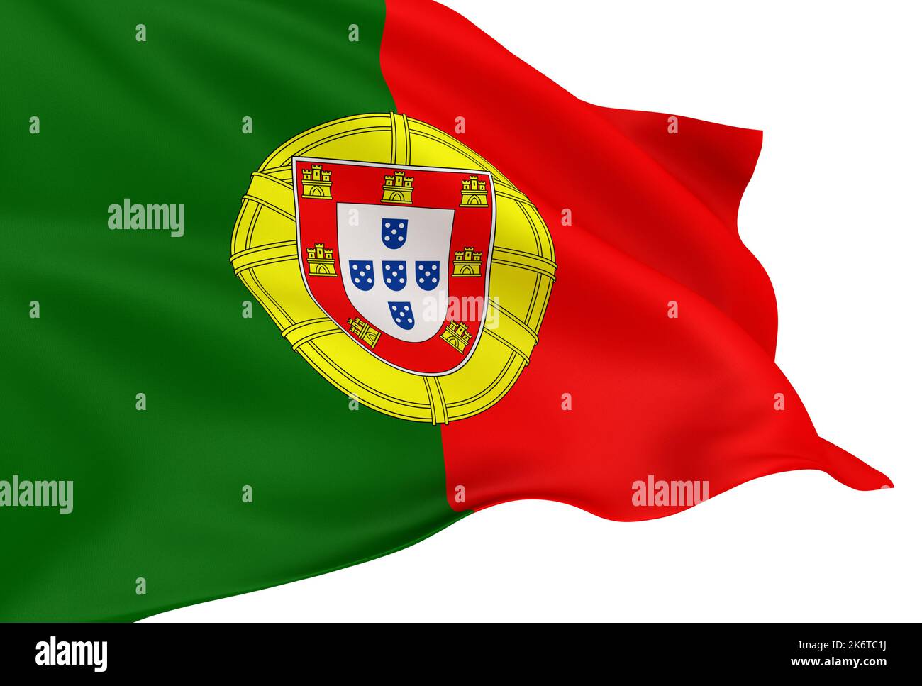Schwenkende portugiesische Flagge isoliert auf weißem Hintergrund Stockfoto